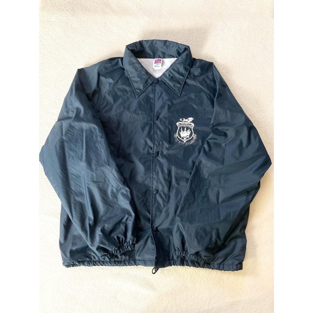Vintage 80s USS Saratoga Soffe Mens X-Large Coach Jacket Navy Blue Made In USA